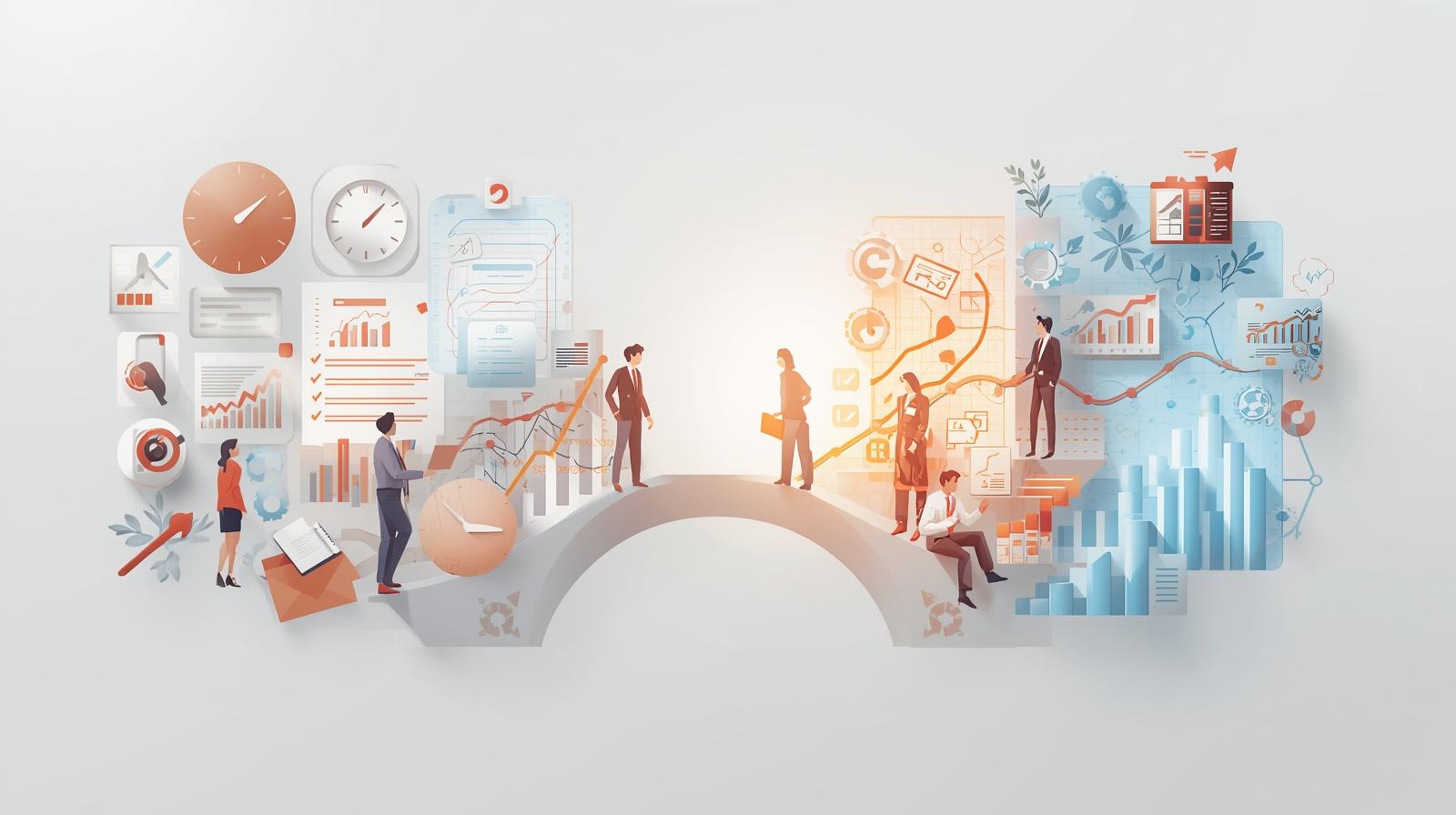 Business people on a bridge connecting data visualizations and charts.